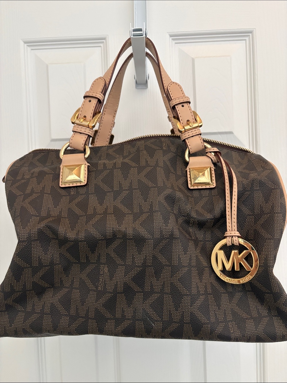 Michael Kors Dark Brown MK Logo Satchel with Tan Leather Handles